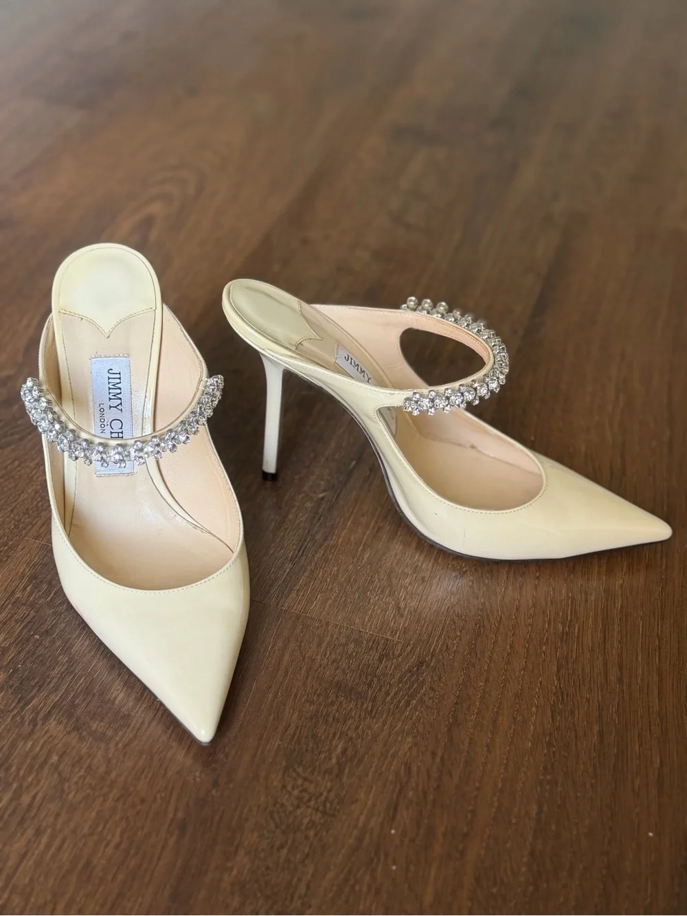 Jimmy Choo Pale Cream Pointed Crystal-Strap Mules